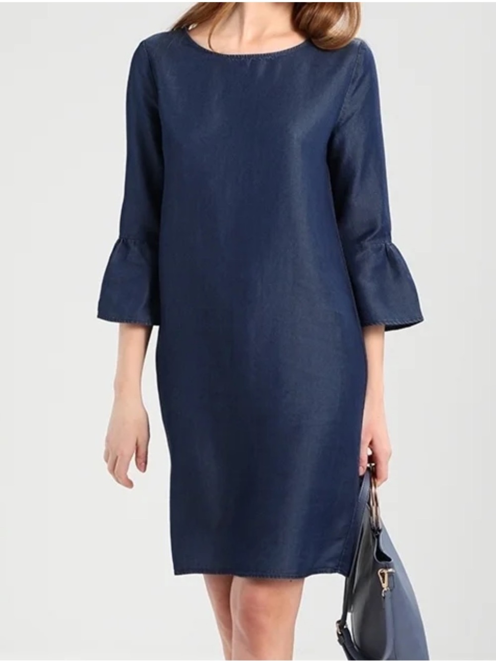 Jude Connally Navy Stretch Denim “Kerry” Bell-Sleeve Mini Shift Dress Size L